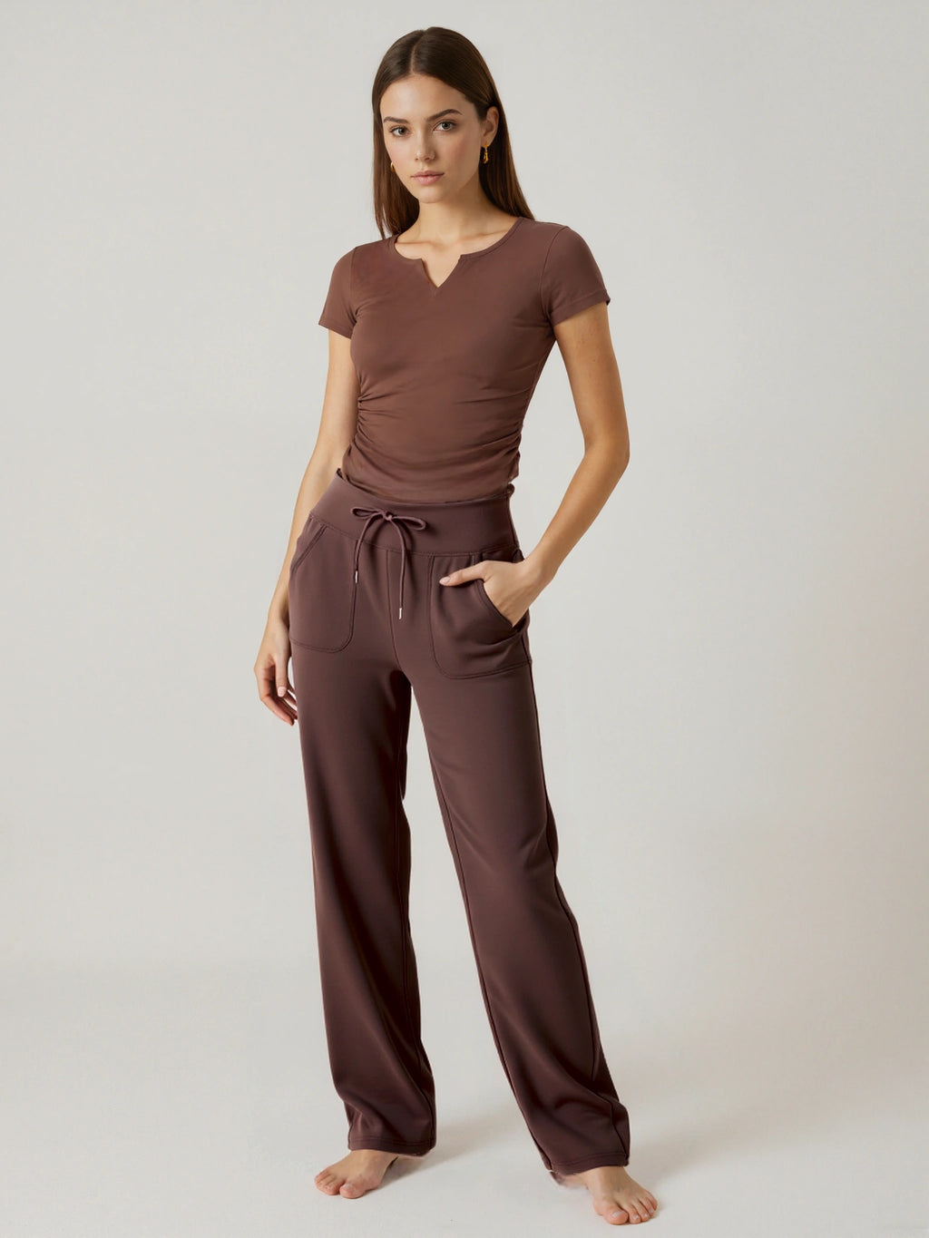 Slim Fit V-Neck Ruched Sports T-Shirt With Built-in Pads