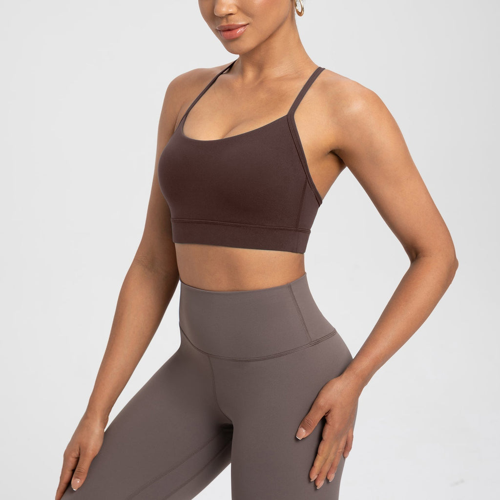 Comfort Zone Thin Strap Sports Bra Top in brown with 4-way stretch Lycra, offering medium support and sleek fit for activewear performance.