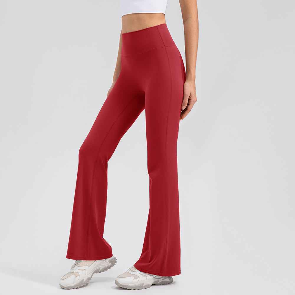 Seamless High-Waist Flared Lycra Leggings for Yoga & Pilates in deep red, offering elegant flare and second-skin comfort for activewear.