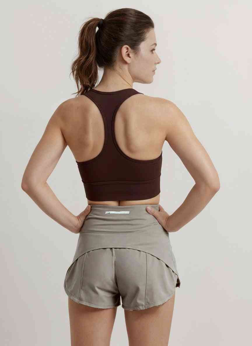 Supportive Racerback Sports Bra Top in deep brown with sculpted back design and U-neck, ideal for confident style and full coverage support.
