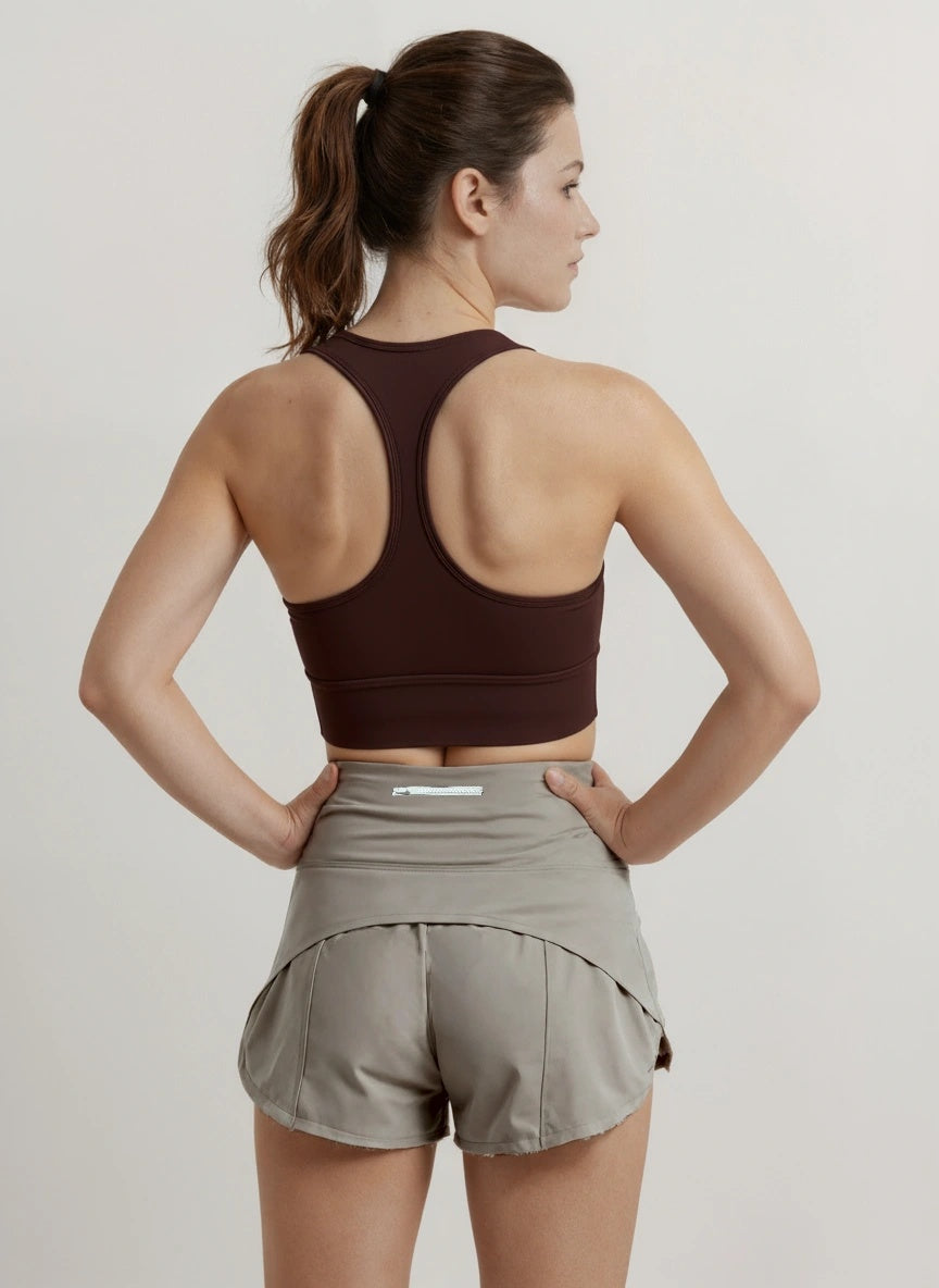 Supportive Racerback Sports Bra Top in deep brown with sculpted back design and U-neck, ideal for confident style and full coverage support.
