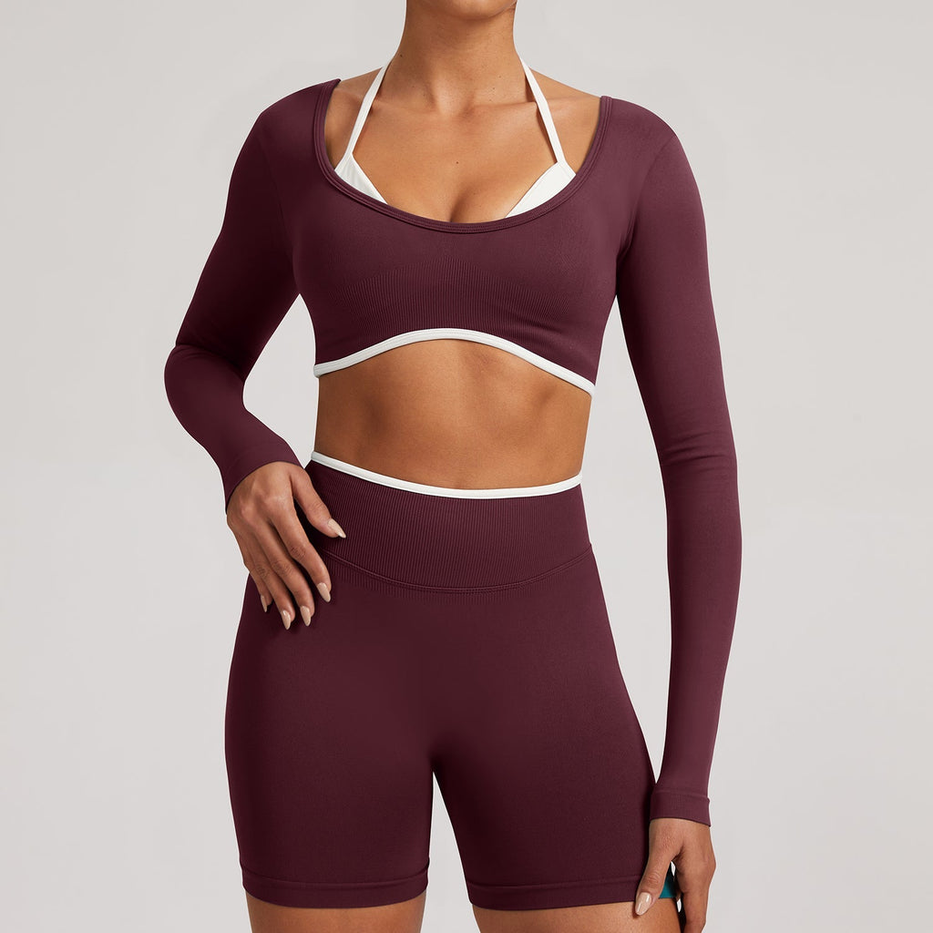 Burgundy Elevate Seamless Long Sleeve & Thin Strap Sports Bra Top with white trim, perfect for stylish and supportive workout wear.
