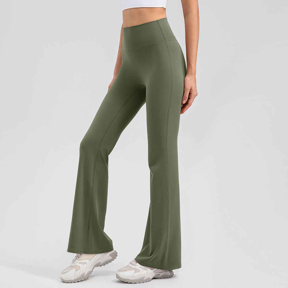 Olive green Seamless High-Waist Flared Lycra Leggings with high-rise waist and flared hem, perfect for yoga and pilates sessions.