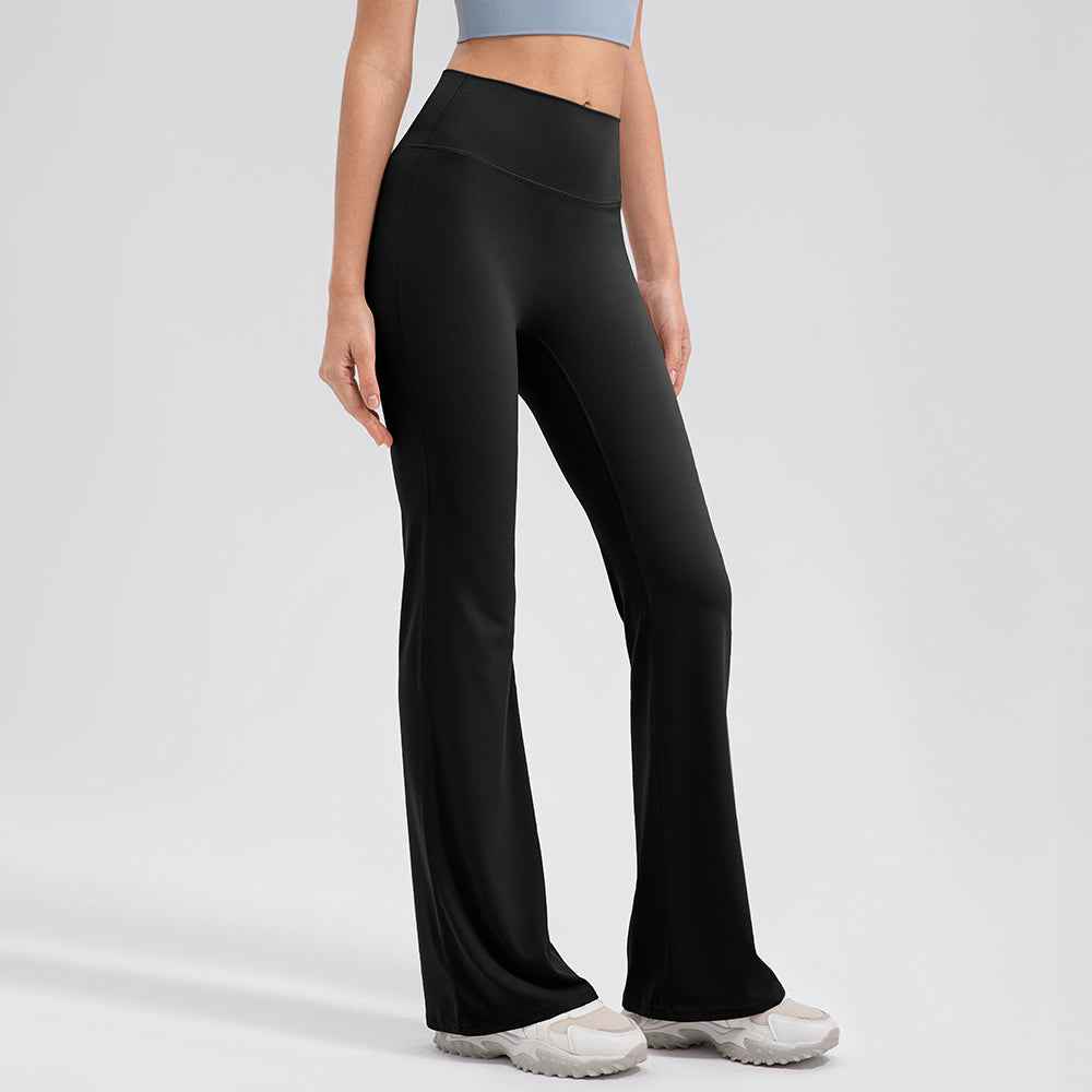 Black Seamless High-Waist Flared Lycra Leggings with sleek flare and high-rise waist, designed for yoga and pilates sessions.