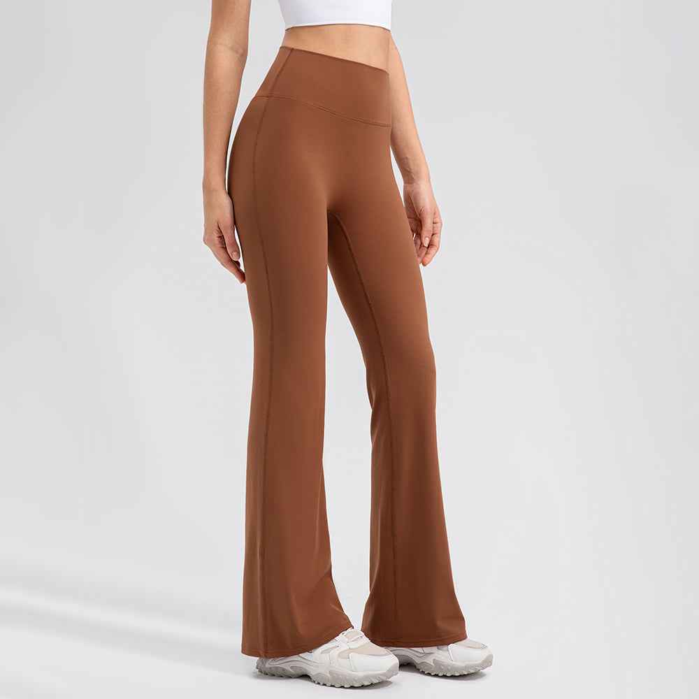 Rust brown Seamless High-Waist Flared Lycra Leggings with elegant flare and high-rise fit, ideal for yoga and pilates workouts.