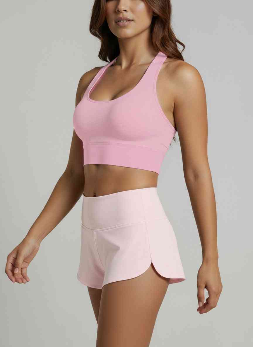 Supportive Racerback Sports Bra Top in pink with U-neck design and sculpted back, ideal for activewear comfort and confident style.