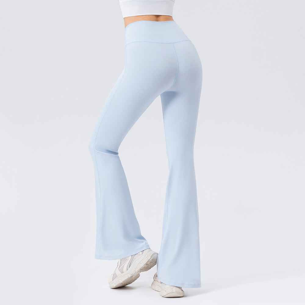 Back view of light blue Seamless High-Waist Flared Lycra Leggings showing flattering fit and breathable fabric for activewear.
