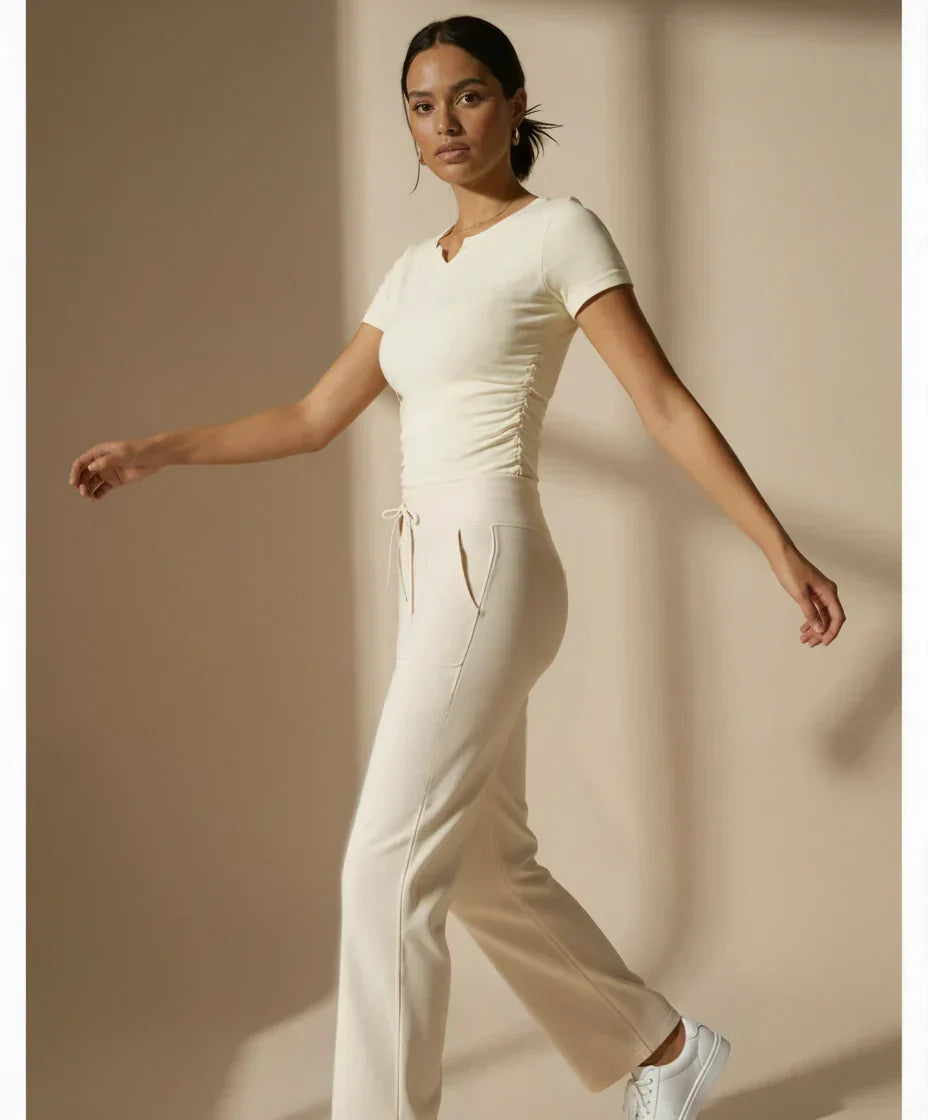 FLOW FLOW Top The Slim Fit V-Neck Athleisure Ruched T-Shirt with Built-in Pads