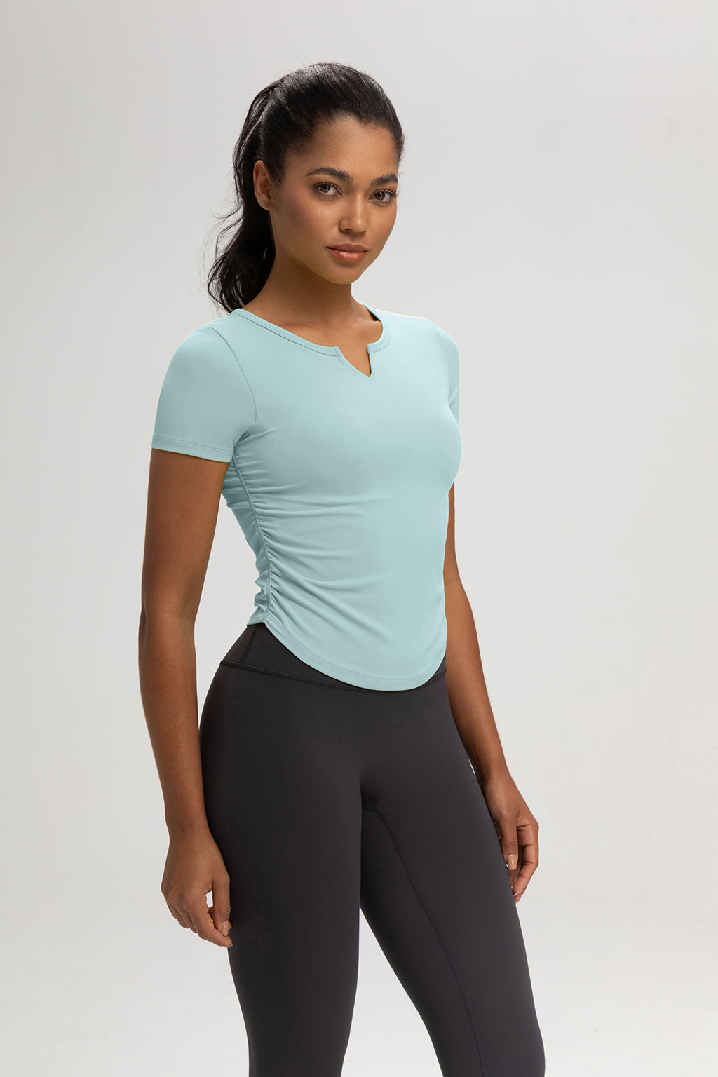 FLOW FLOW Top S (US 2-4) / Ice Blue The Slim Fit V-Neck Athleisure Ruched T-Shirt with Built-in Pads