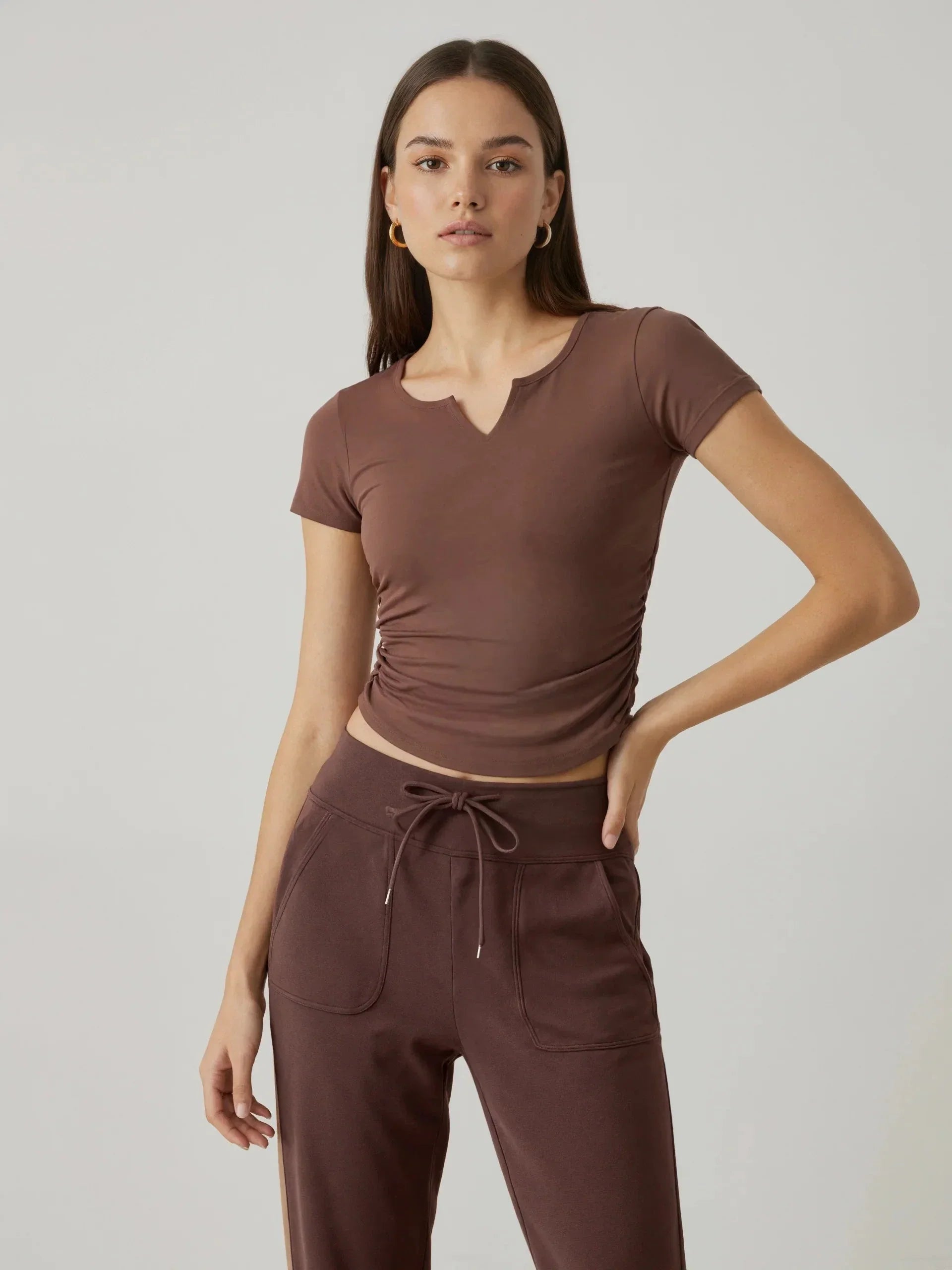FLOW FLOW Top S (US 2-4) / Espresso The Slim Fit V-Neck Athleisure Ruched T-Shirt with Built-in Pads