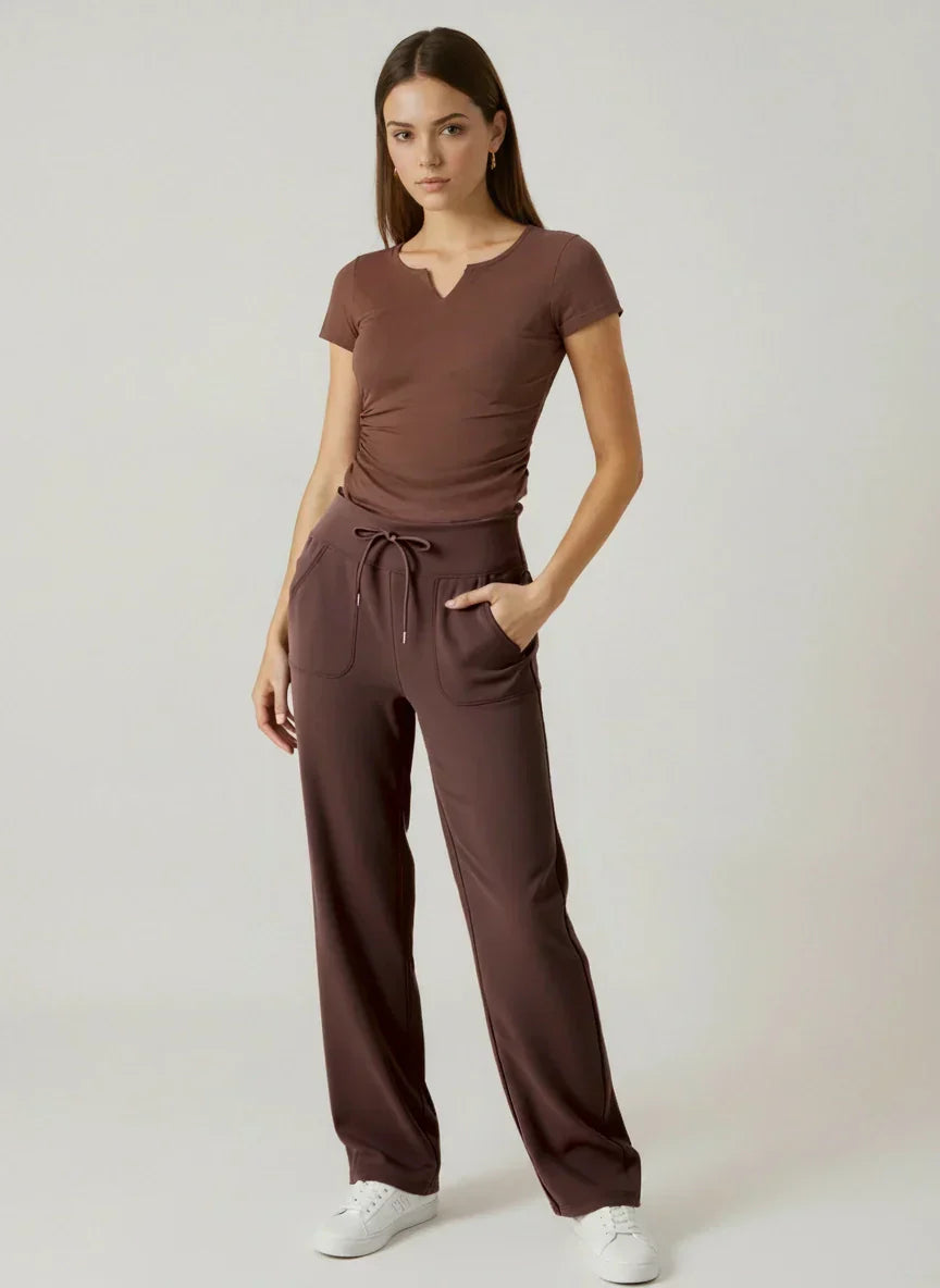 FLOW FLOW Top The Slim Fit V-Neck Athleisure Ruched T-Shirt with Built-in Pads